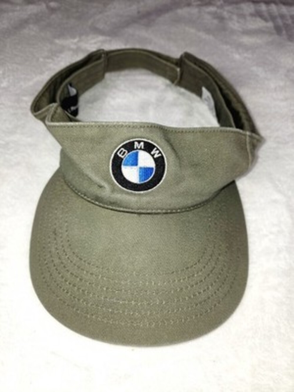This BMW Lifestyle olive green adjustable visor embroidered brand logo